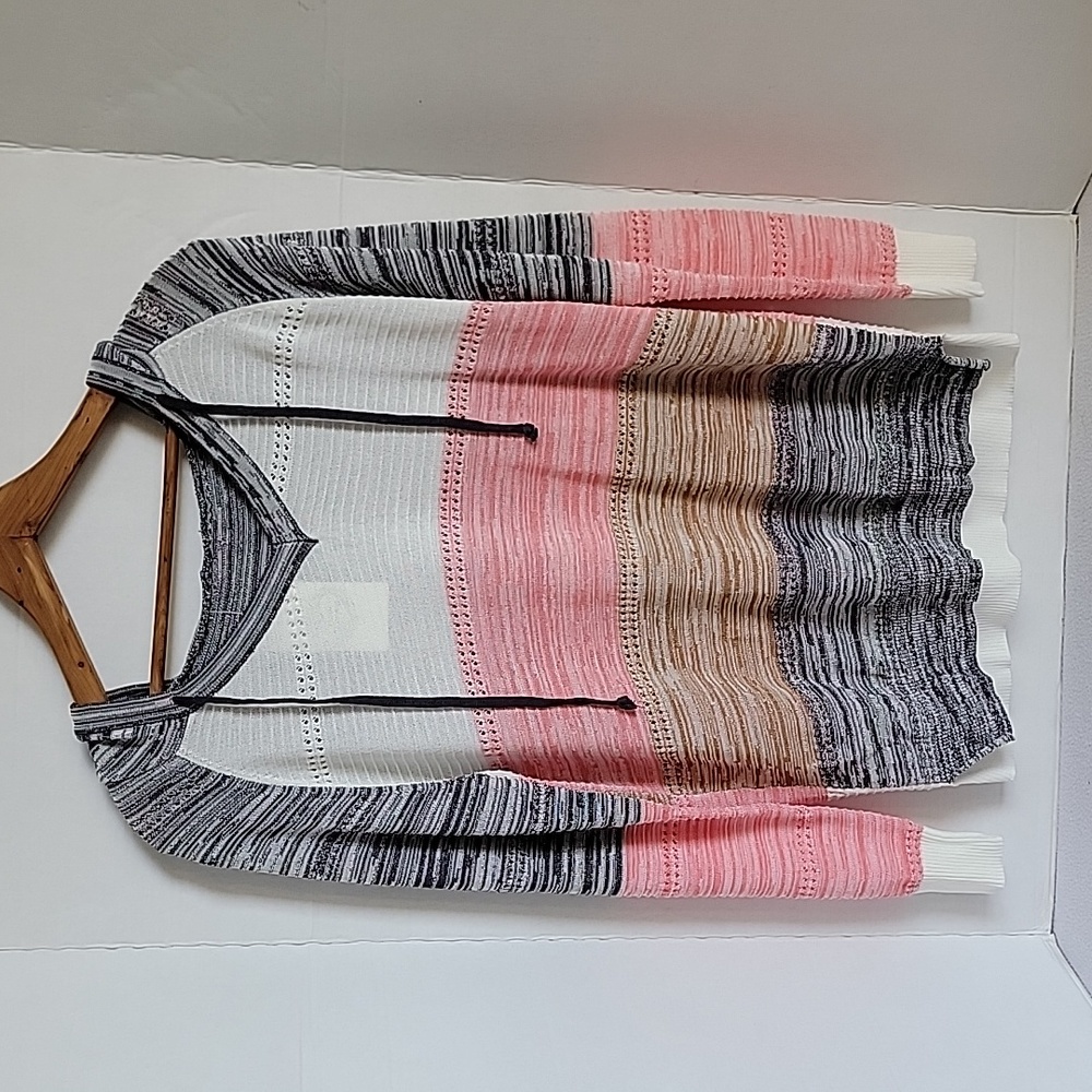 Floral Blooming Women's Black White Pink Brown Striped Hooded Sweatshirt,  L NWT